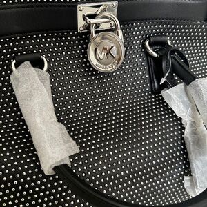 Michael Kors Black Studded Satchel with Silver MK Padlock